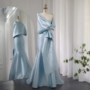 Luxury Blue Mermaid Evening Dresses with Cape Shawl Beaded Elegant Women Wedding Guest Party Gown