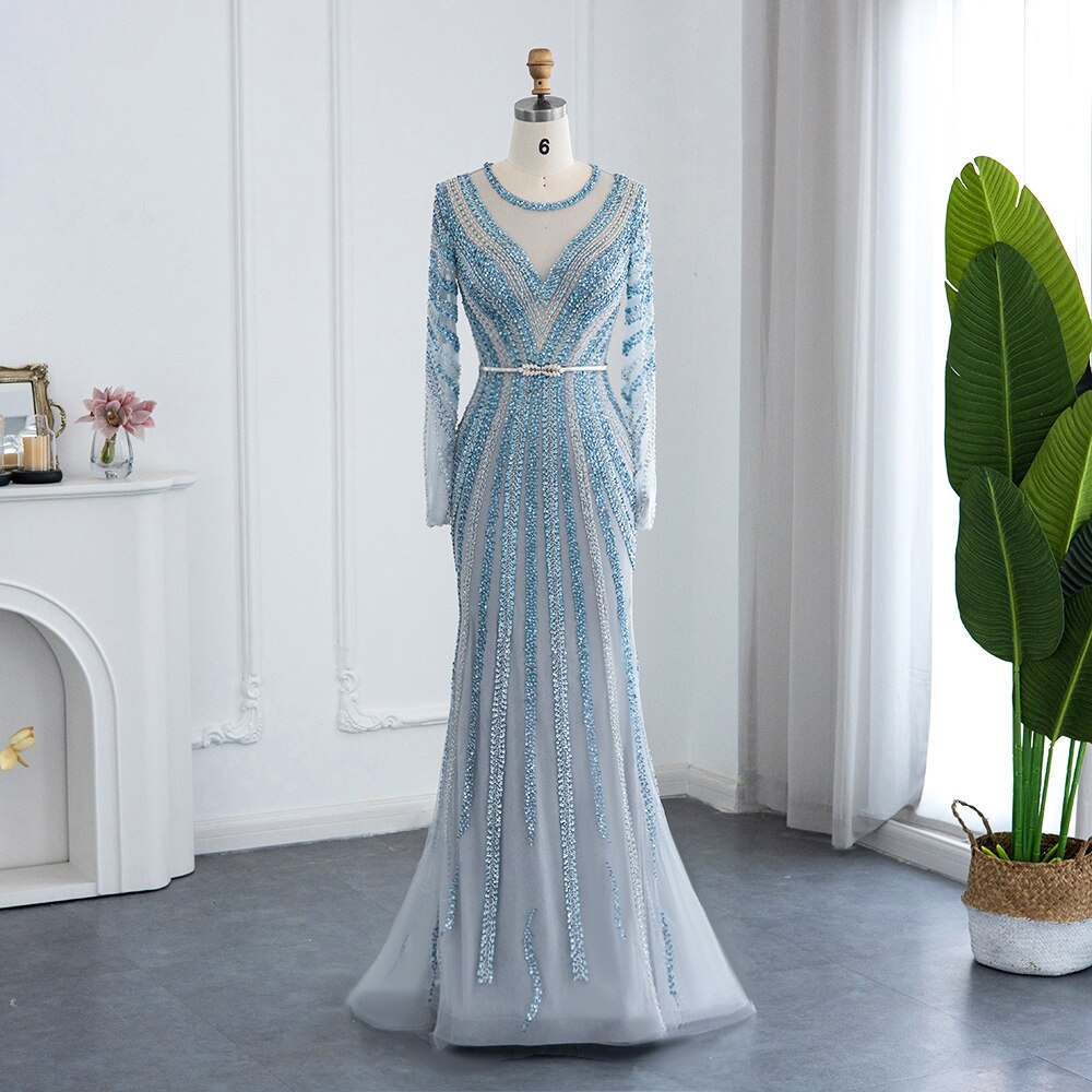 Luxury Blue Mermaid Evening Dress with Belt Long Sleeves Beaded Women Wedding Formal Party Gowns