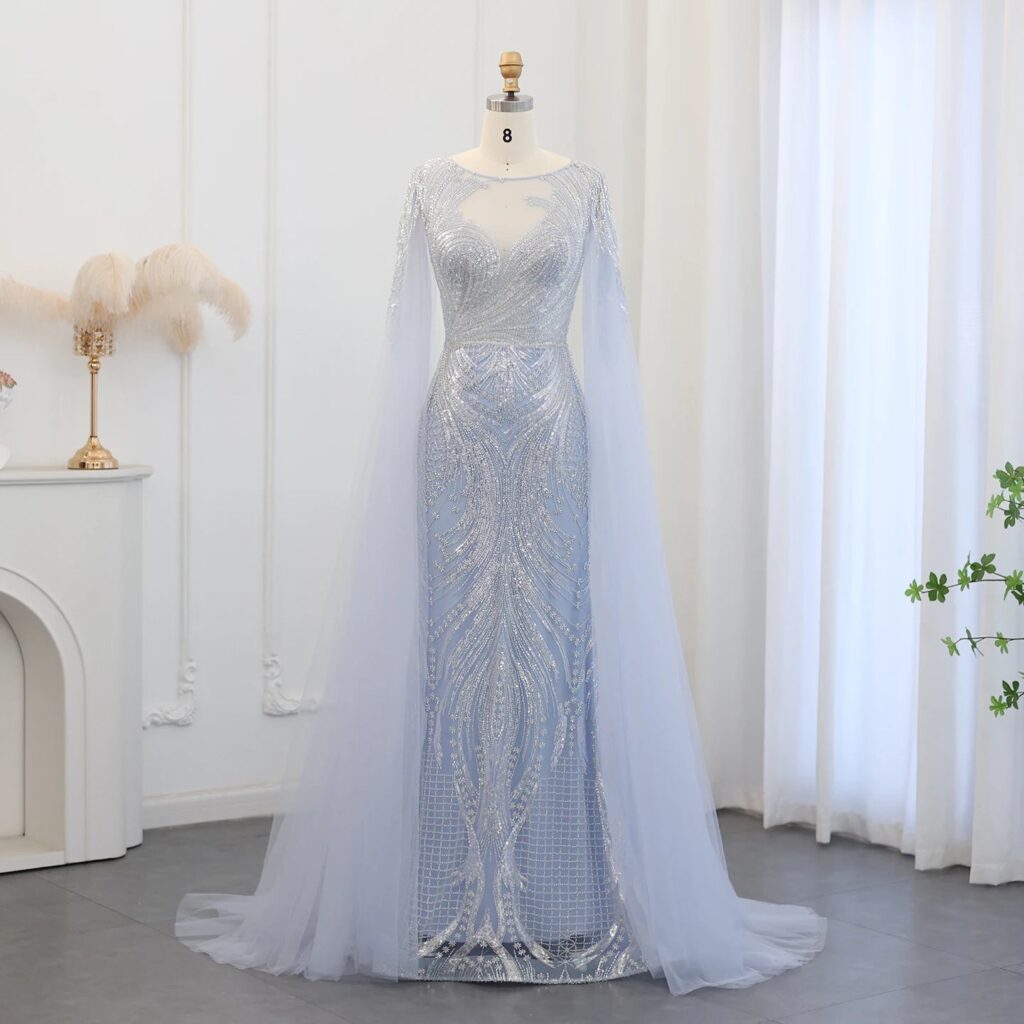 Luxury Blue Mermaid Evening Dress with Cape Sleeves 2024 Sage Green Plus Size Women Wedding Party Gowns