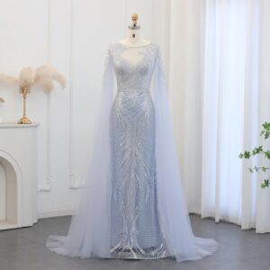 Luxury Blue Mermaid Evening Dress with Cape Sleeves 2024 Sage Green Plus Size Women Wedding Party Gowns