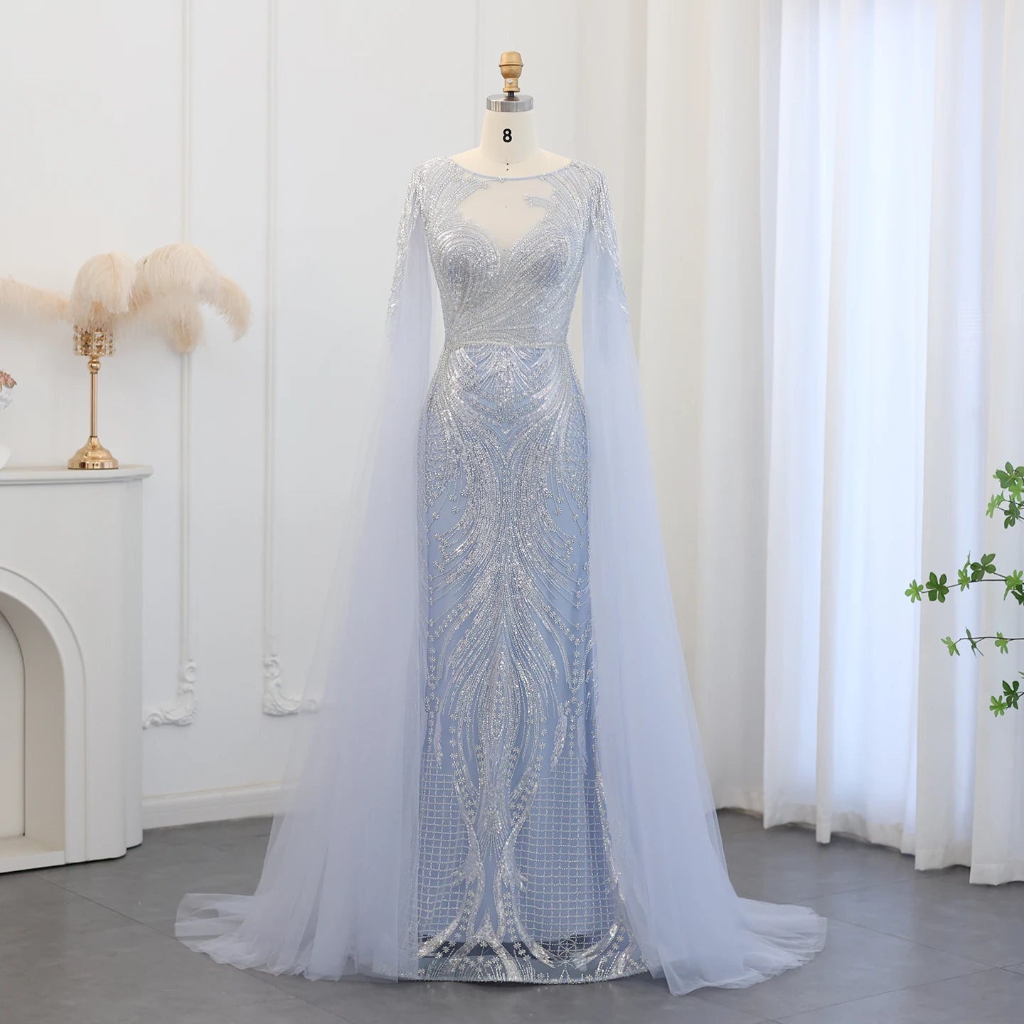 Luxury Blue Mermaid Evening Dress with Cape Sleeves 2024 Sage Green Plus Size Women Wedding Party Gowns