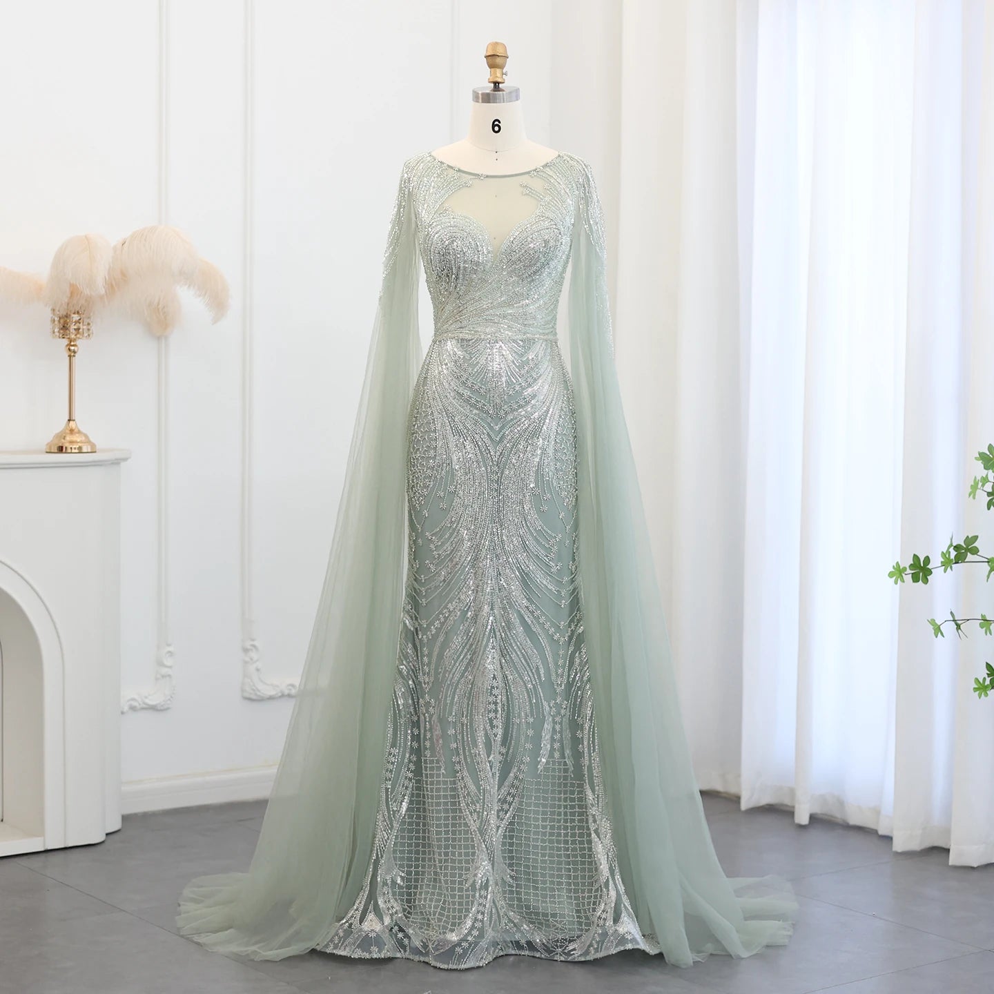 Luxury Blue Mermaid Evening Dress with Cape Sleeves 2024 Sage Green Plus Size Women Wedding Party Gowns - Image 2