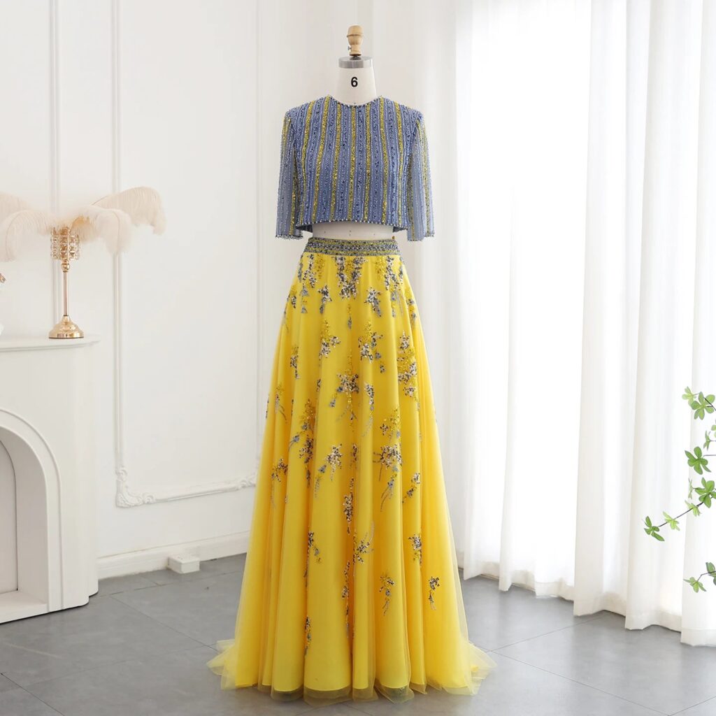 Luxury Blue Yellow 2 Pieces Evening Dresses for Women Wedding Party Elegant Long Arabic Formal Prom Gown