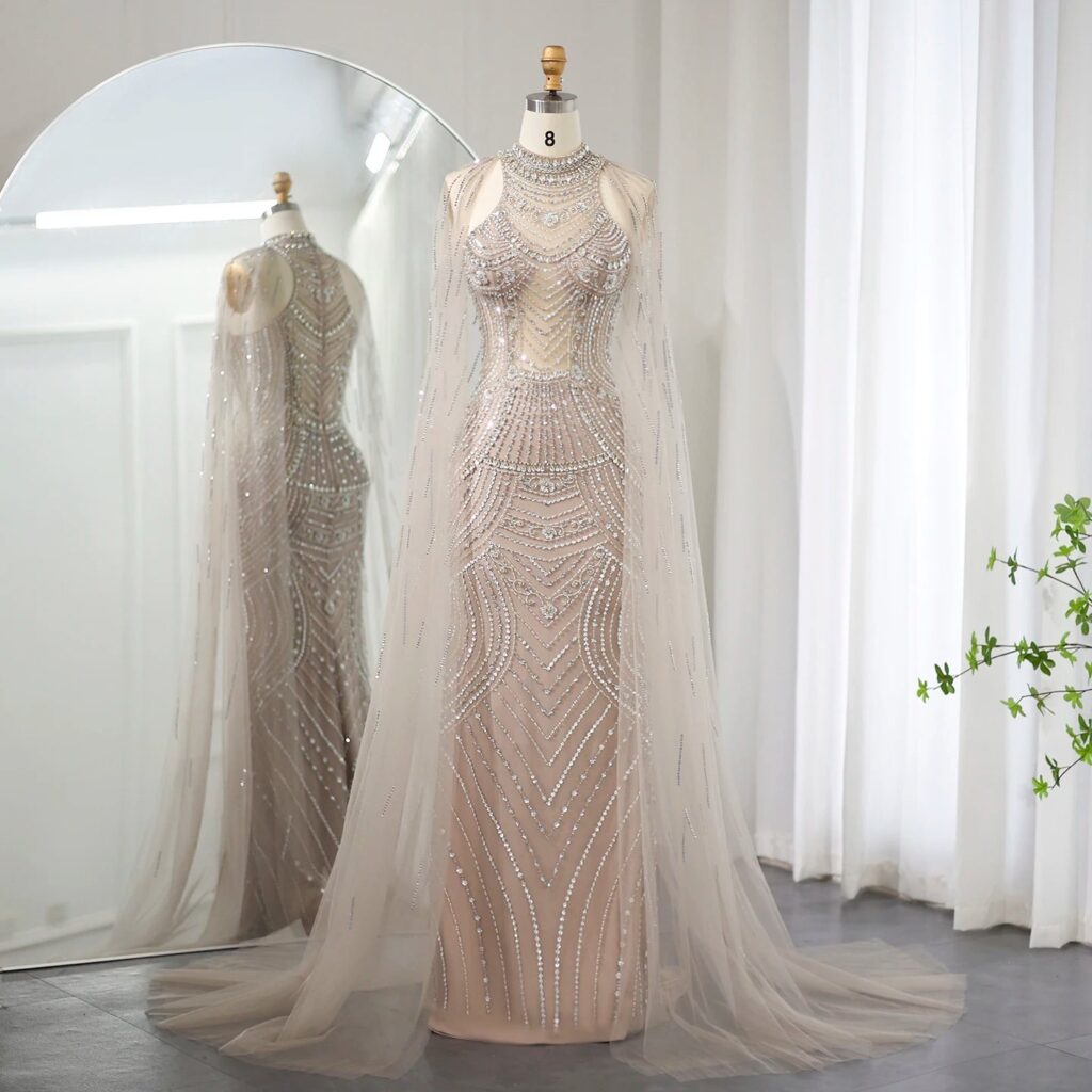 Luxury Caramel Mermaid Evening Dresses with Cape Sleeves Elegant High Neck Wedding Formal Party Gowns