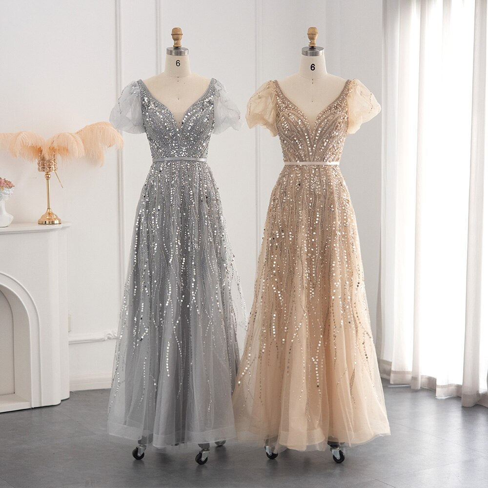 Luxury Evening Dress Elegant V-Neck Puff Sleeves Long Women Wedding Party Gowns