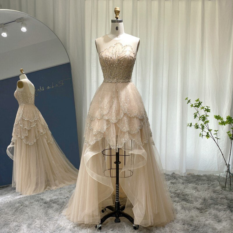 Luxury Champagne High Low Evening Dress Elegant Tiered Short Front Long Back Prom Party Gowns