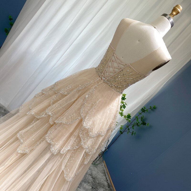 Luxury Champagne High Low Evening Dress Elegant Tiered Short Front Long Back Prom Party Gowns - Image 4