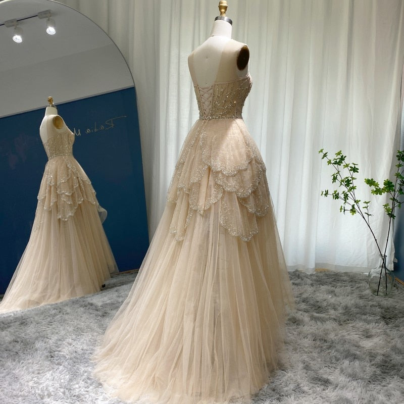 Luxury Champagne High Low Evening Dress Elegant Tiered Short Front Long Back Prom Party Gowns - Image 5