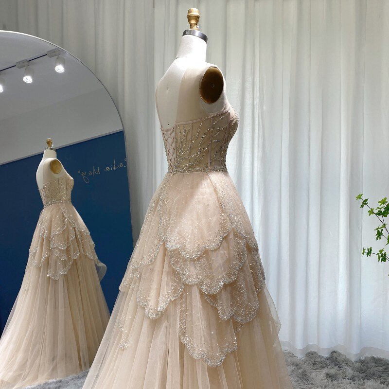 Luxury Champagne High Low Evening Dress Elegant Tiered Short Front Long Back Prom Party Gowns - Image 3