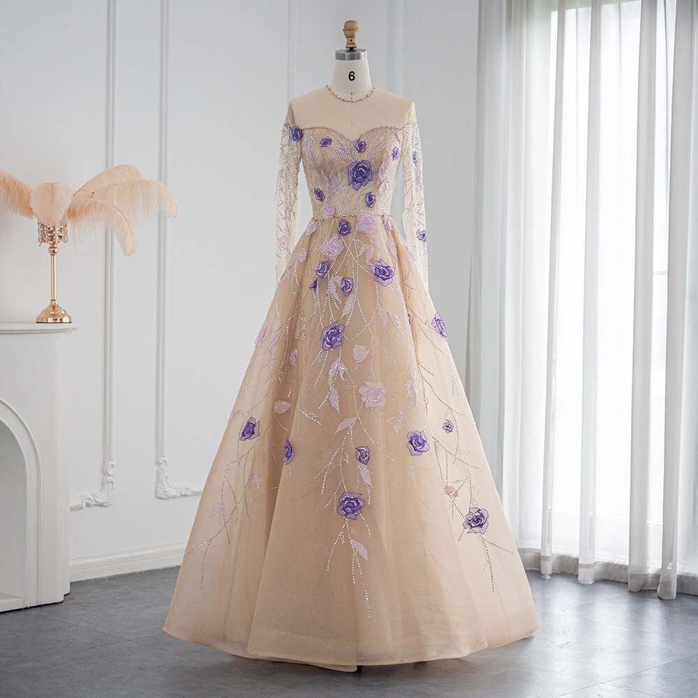 Luxury Crystal Floral Evening Dresses for Women Wedding Party Elegant Long Sleeve Formal Gowns