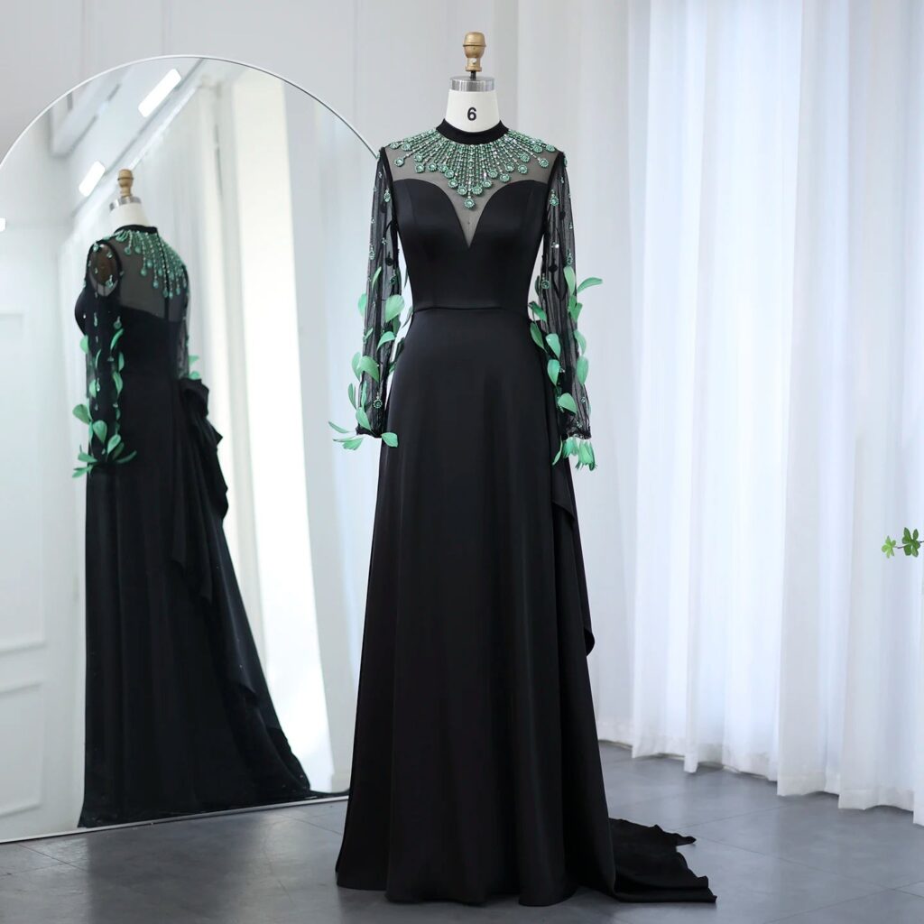 Luxury Emerald Green Feathers Black Evening Dress Long Sleeves Women Formal Party Gowns