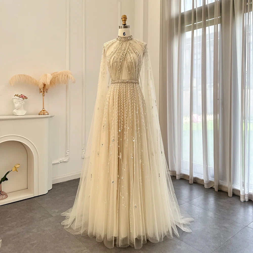 Evening Dress with Cape Sleeve Elegant Long Formal Dresses for Wedding Party