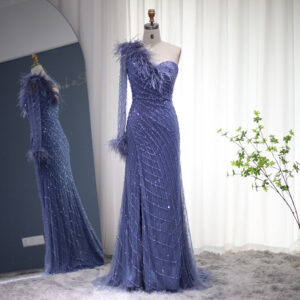 Luxury Feather Mermaid Evening Dress Sexy One Shoulder High Slit Prom Party Dress for Women Wedding