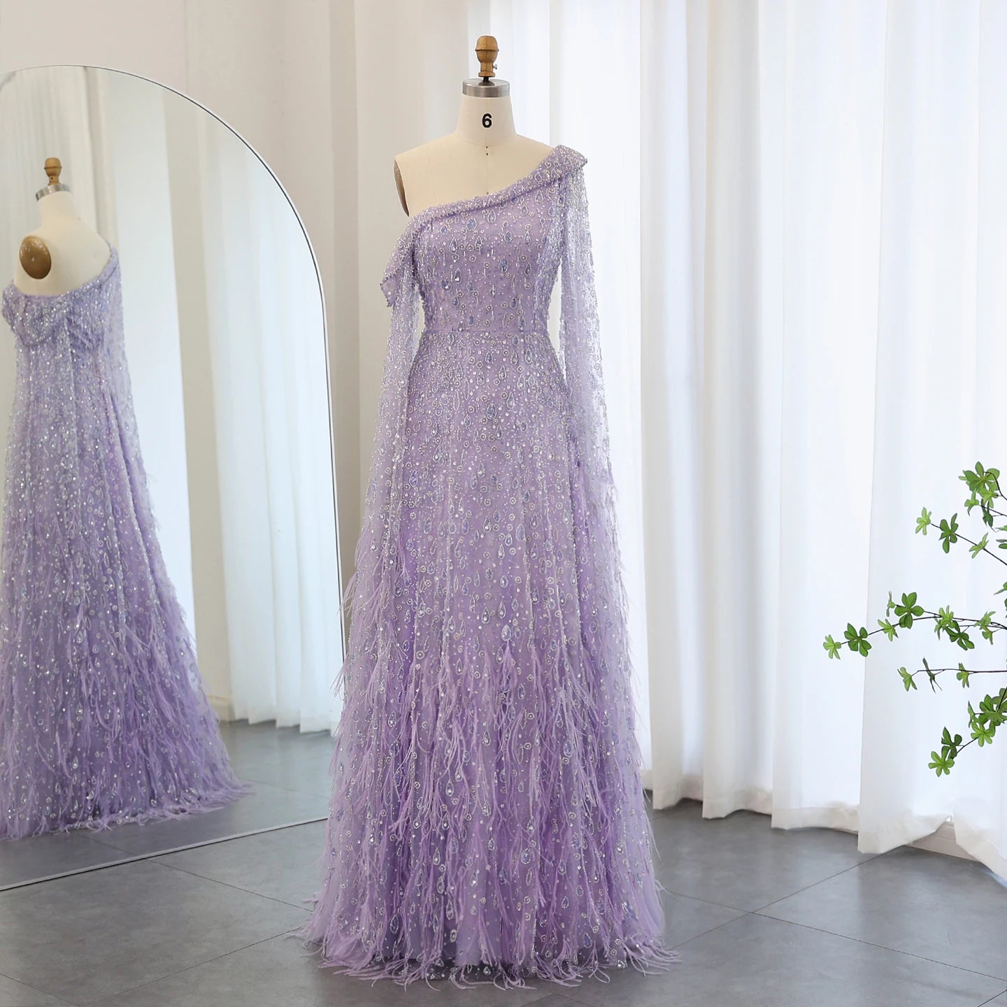 Luxury Feather One Shoulder Evening Dresses with Cape Sleeves Rose Gold Lilac Women Wedding Party Gowns - Image 4