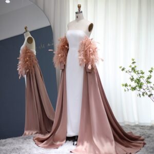 Luxury Feather Rose Pink Evening Dress with Cape Elegant Formal Dresses for Women Wedding Party