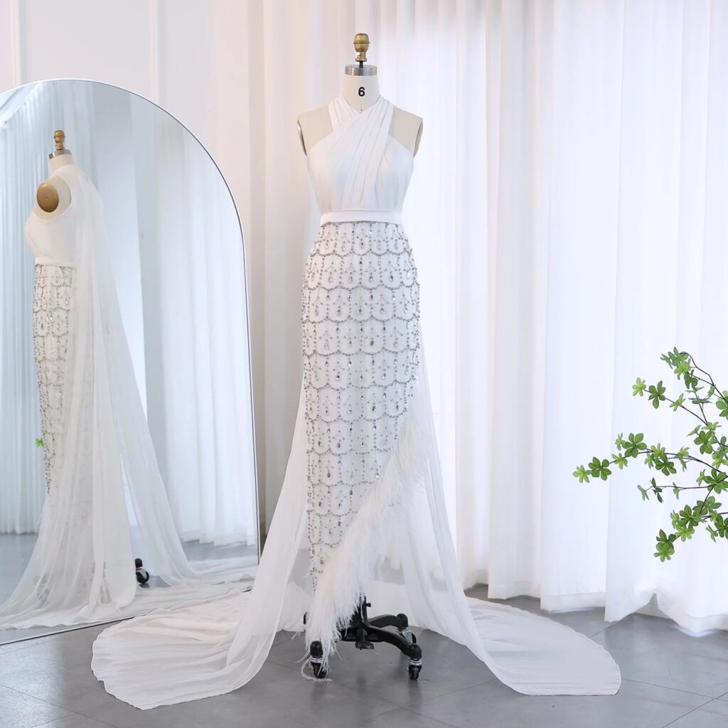 Luxury Feather White Mermaid Evening Dress with Cape Halter 2024 Women Wedding Prom Party Gowns