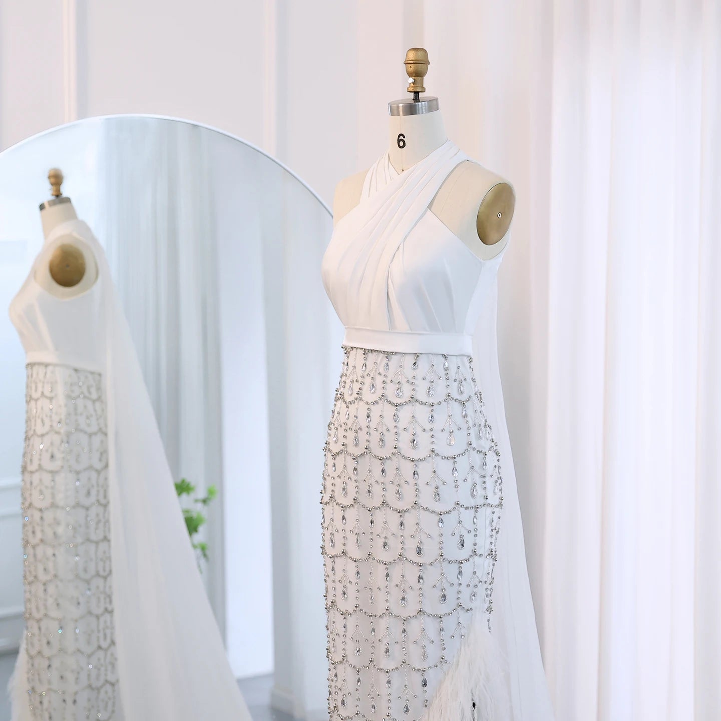 Luxury Feather White Mermaid Evening Dress with Cape Halter 2024 Women Wedding Prom Party Gowns - Image 4