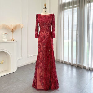 Luxury Feathers Lace Mermaid Evening Dress Burgundy Formal Dresses for Women Wedding Party