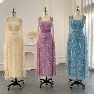Luxury feather long evening dress with long sleeves for parties