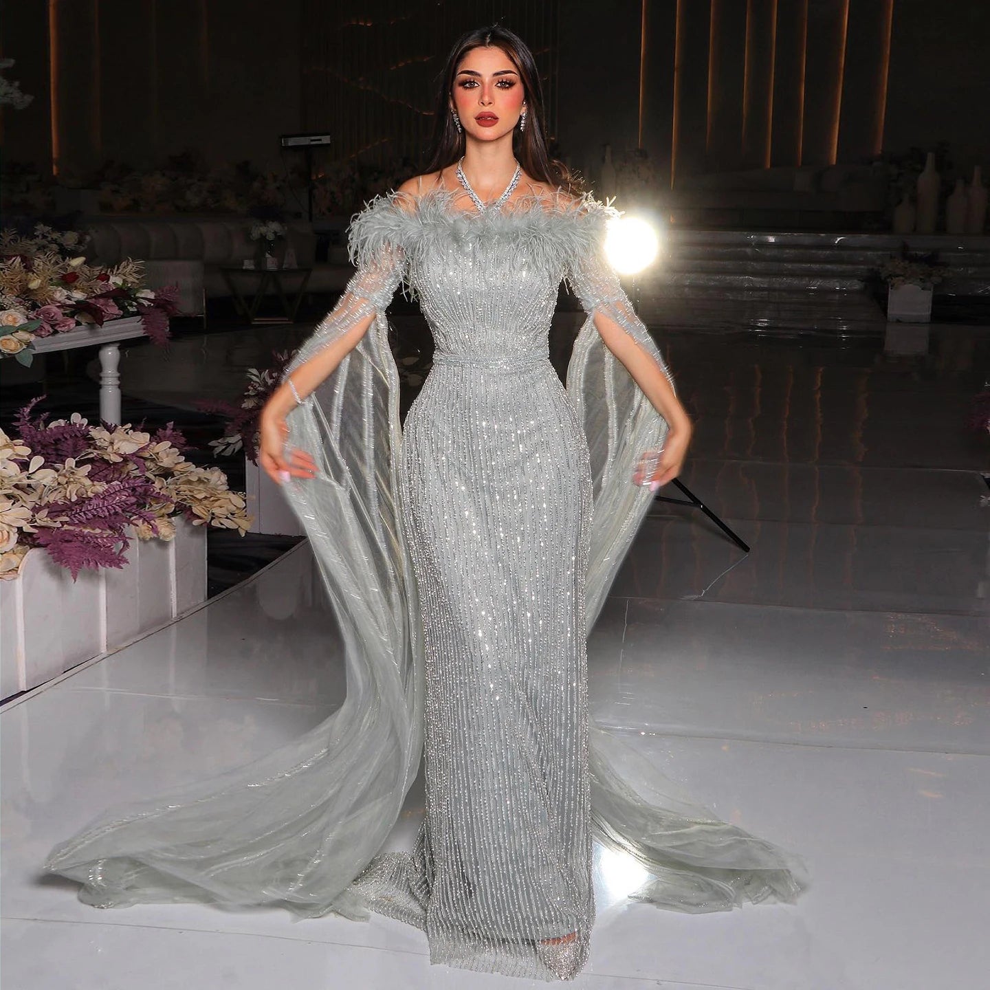 Luxury Feathers Mermaid Sage Green Evening Dresses with Cape Sleeves Pink Yellow Wedding Party Gowns - Image 6