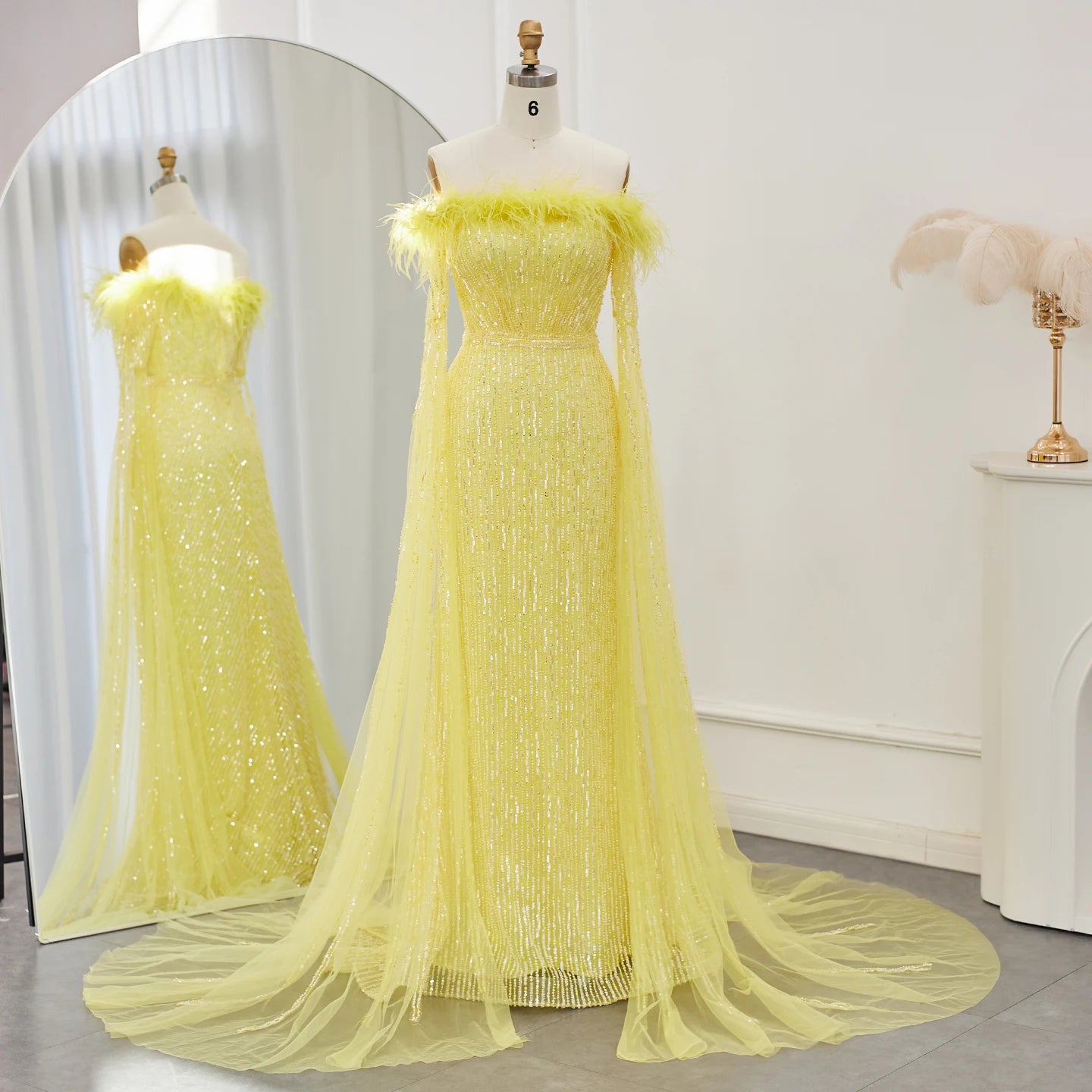 Luxury Feathers Mermaid Sage Green Evening Dresses with Cape Sleeves Pink Yellow Wedding Party Gowns - Image 3