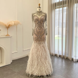 Luxury Feathers Evening Dresses High Neck Long Sleeve Graduation Prom Dress for Wedding