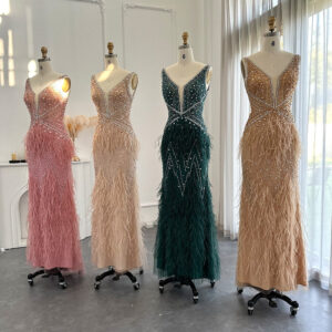 Luxury Feathers Prom Evening Dresses for Women Wedding Long V--neck Party Formal Gown