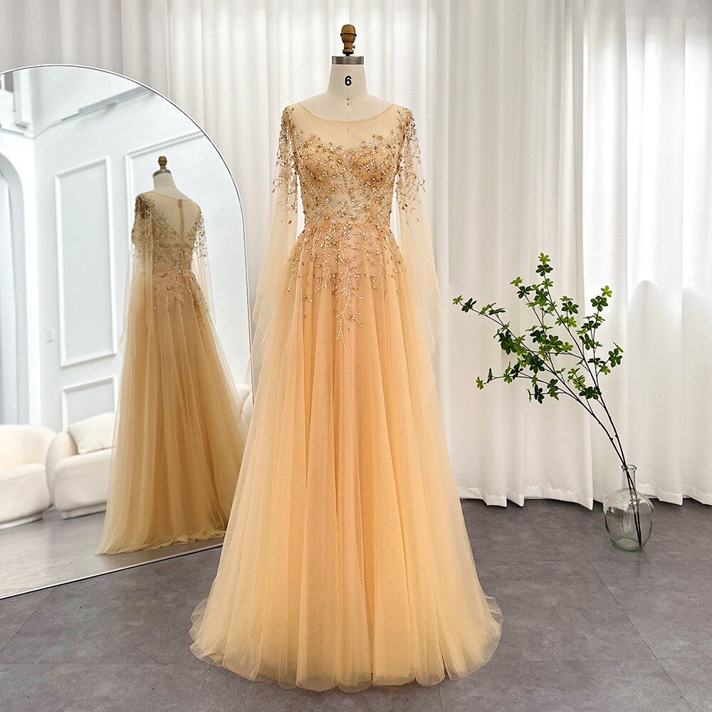 Luxury Gold Evening Dress with Cape Sleeve Women Prom Formal Dresses for Wedding Guest Party