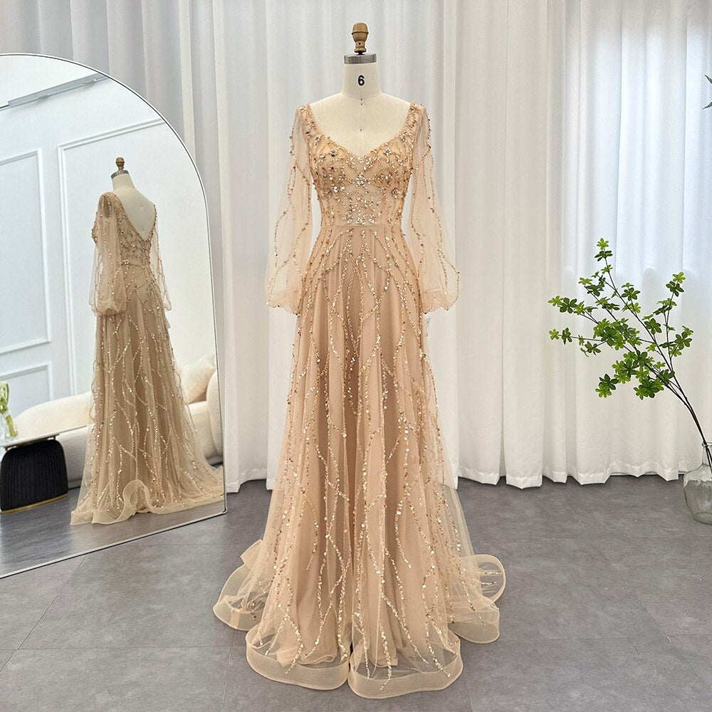 Luxury Gold Evening Dreses for Woman Wedding Party Elegant Long Sleeve Formal Prom Dress
