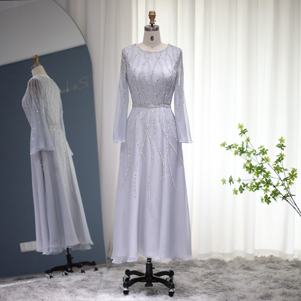 Luxury Gray Short Evening Dresses for Women Wedding Party Elegant Beaded Midi Formal Dress