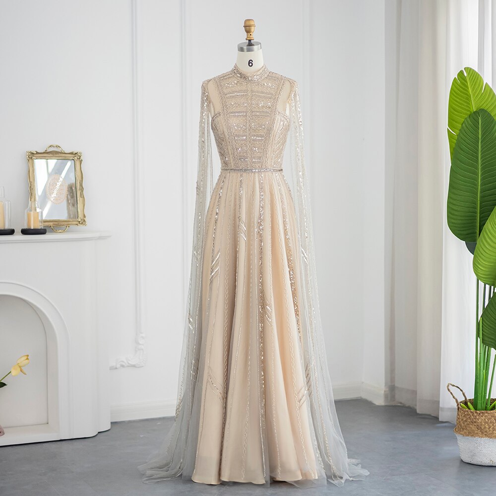 Luxury Grey Nude Evening Dresses with Cape Sleeves Elegant Women Formal Gowns for Wedding Party