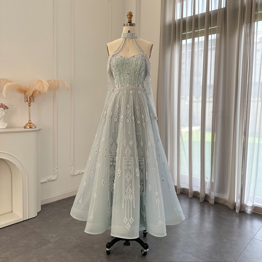 Luxury Light Blue Evening Dress for Wedding Elegant Off Shoulder Beaded Formal Party Gowns