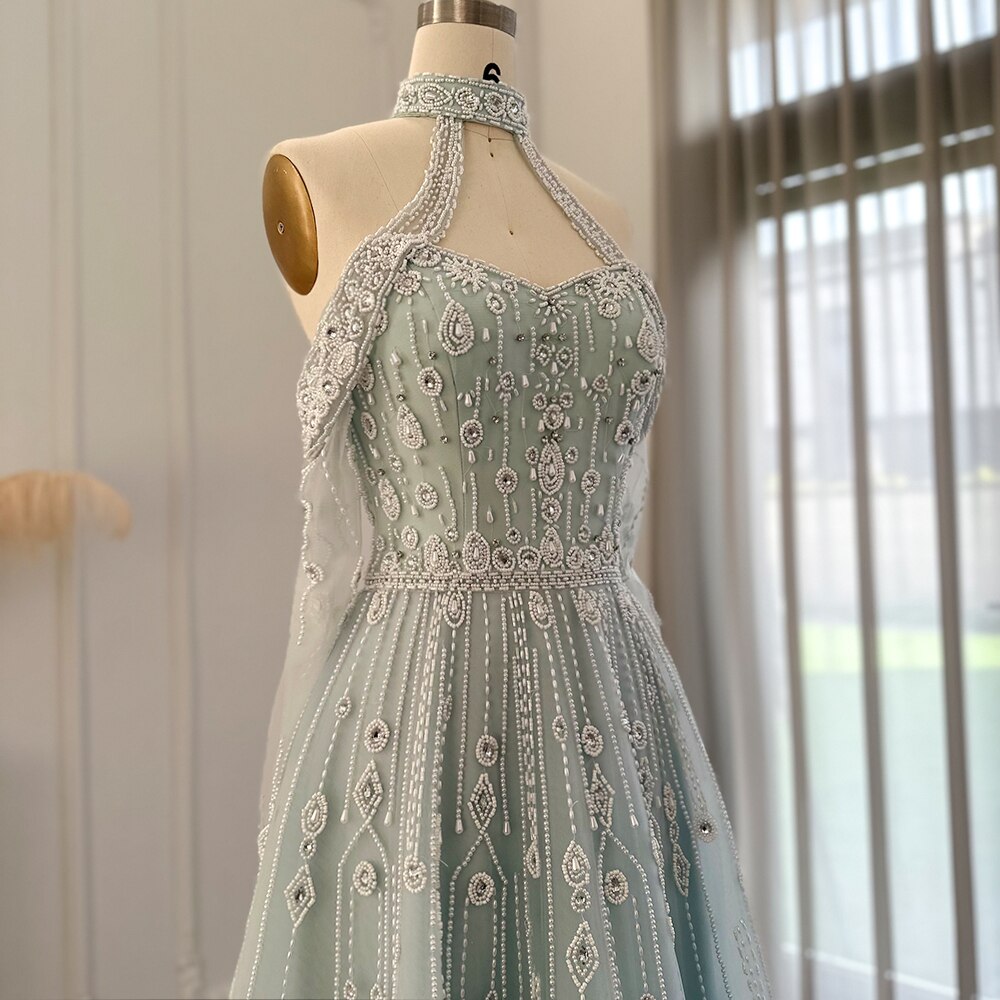 Luxury Light Blue Evening Dress for Wedding Elegant Off Shoulder Beaded Formal Party Gowns - Image 3