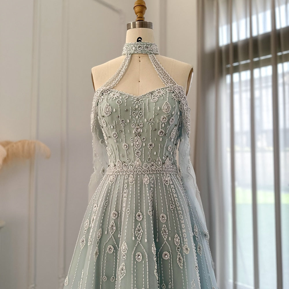 Luxury Light Blue Evening Dress for Wedding Elegant Off Shoulder Beaded Formal Party Gowns - Image 2