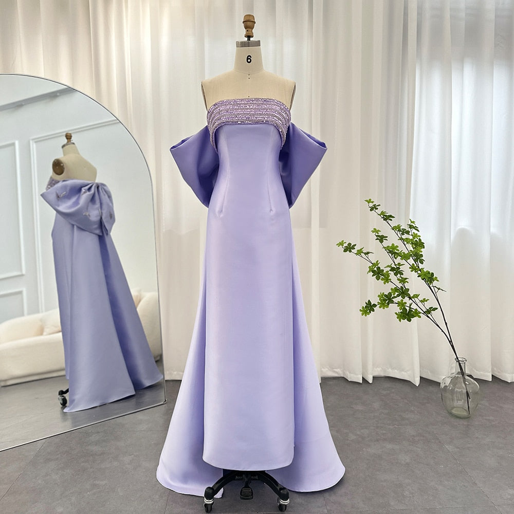 Luxury Lilac Evening Dresses with Bow Cape Beaded Elegant Wedding Formal Party Gowns