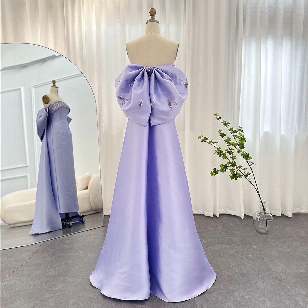 Luxury Lilac Evening Dresses with Bow Cape Beaded Elegant Wedding Formal Party Gowns - Image 6