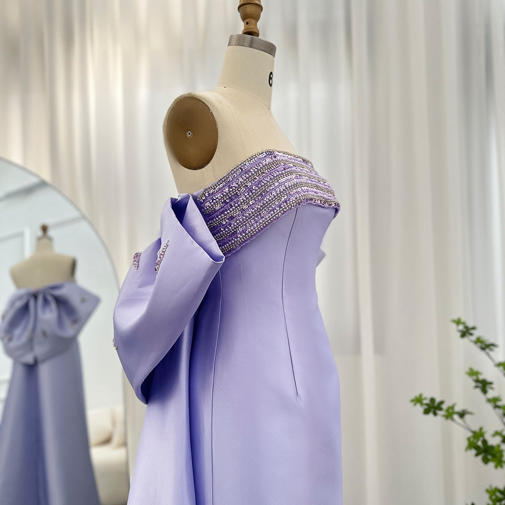 Luxury Lilac Evening Dresses with Bow Cape Beaded Elegant Wedding Formal Party Gowns - Image 5