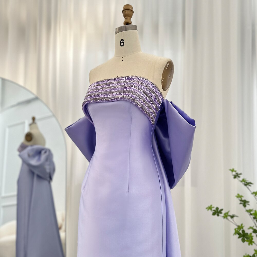 Luxury Lilac Evening Dresses with Bow Cape Beaded Elegant Wedding Formal Party Gowns - Image 3