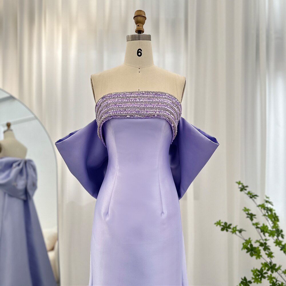 Luxury Lilac Evening Dresses with Bow Cape Beaded Elegant Wedding Formal Party Gowns - Image 2
