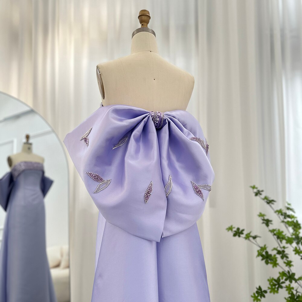 Luxury Lilac Evening Dresses with Bow Cape Beaded Elegant Wedding Formal Party Gowns - Image 4
