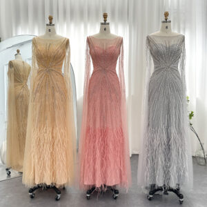 Luxury Feathers Evening Dresses with Cape Sleeves  Long Wedding Party Prom Dress