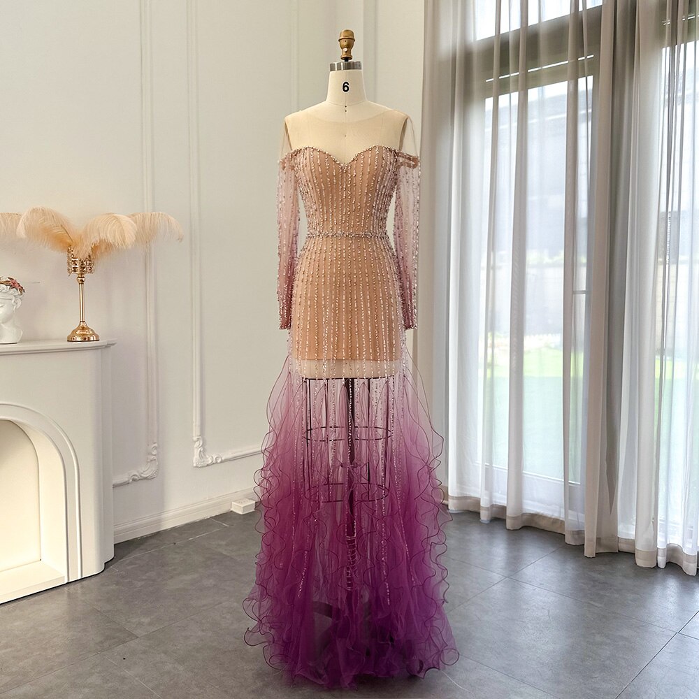 Luxury Mermaid Evening Dress for Wedding Elegant Long Sleeve See Through Formal Party Gown