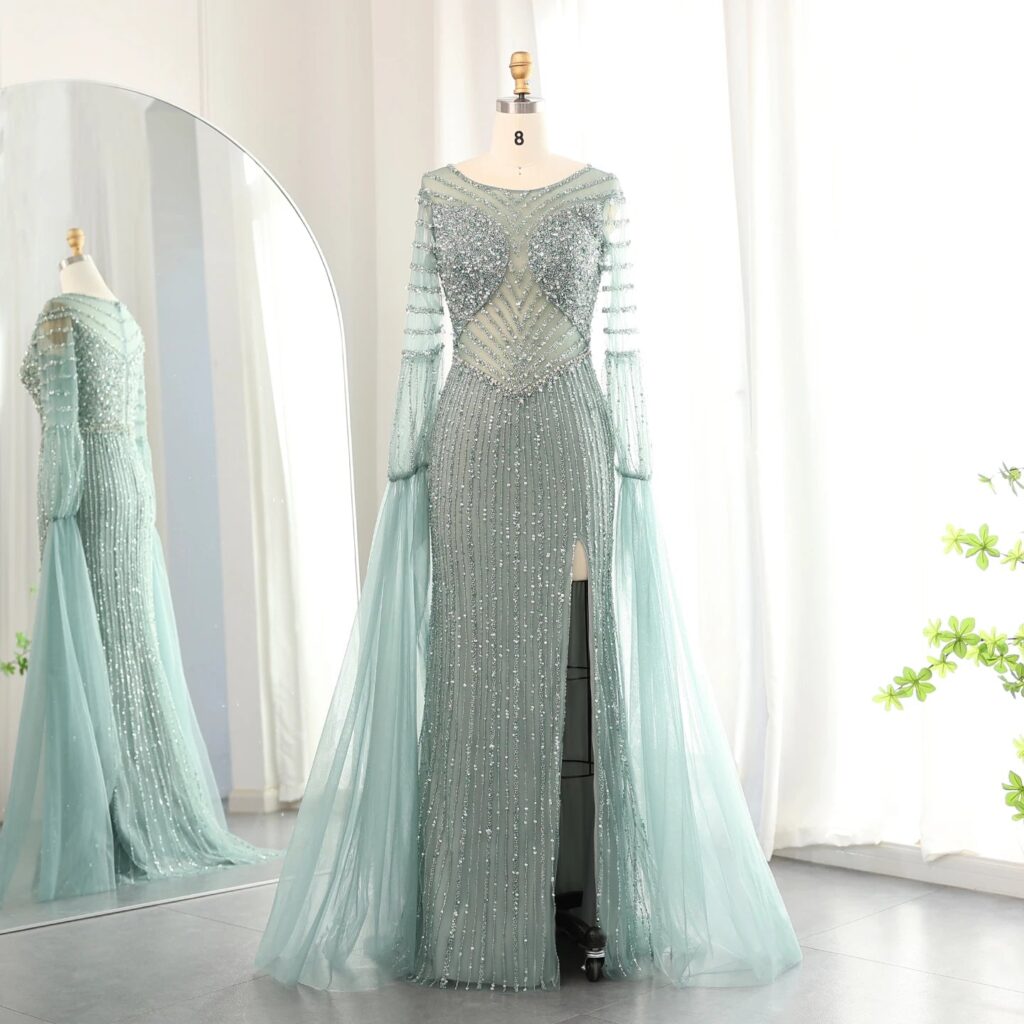 Luxury Mermaid Evening Dress with Cape Sleeves Slit Elegant Women Wedding Party Gowns