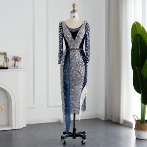 Luxury Navy Blue Evening Dress Long Sleeve Tassel Formal Dresses for Women Wedding Party