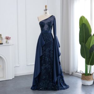Luxury Navy Blue One Shoulder Evening Dress with Overskirt Formal Women Special Occasion Dresses