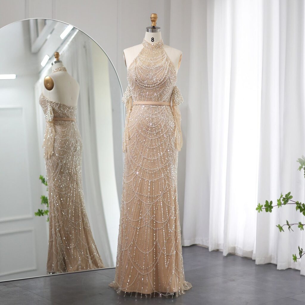 Luxury Nude Mermaid Evening Dresses with Gloves 2023 Sexy Halter Women Wedding Formal Party Gowns