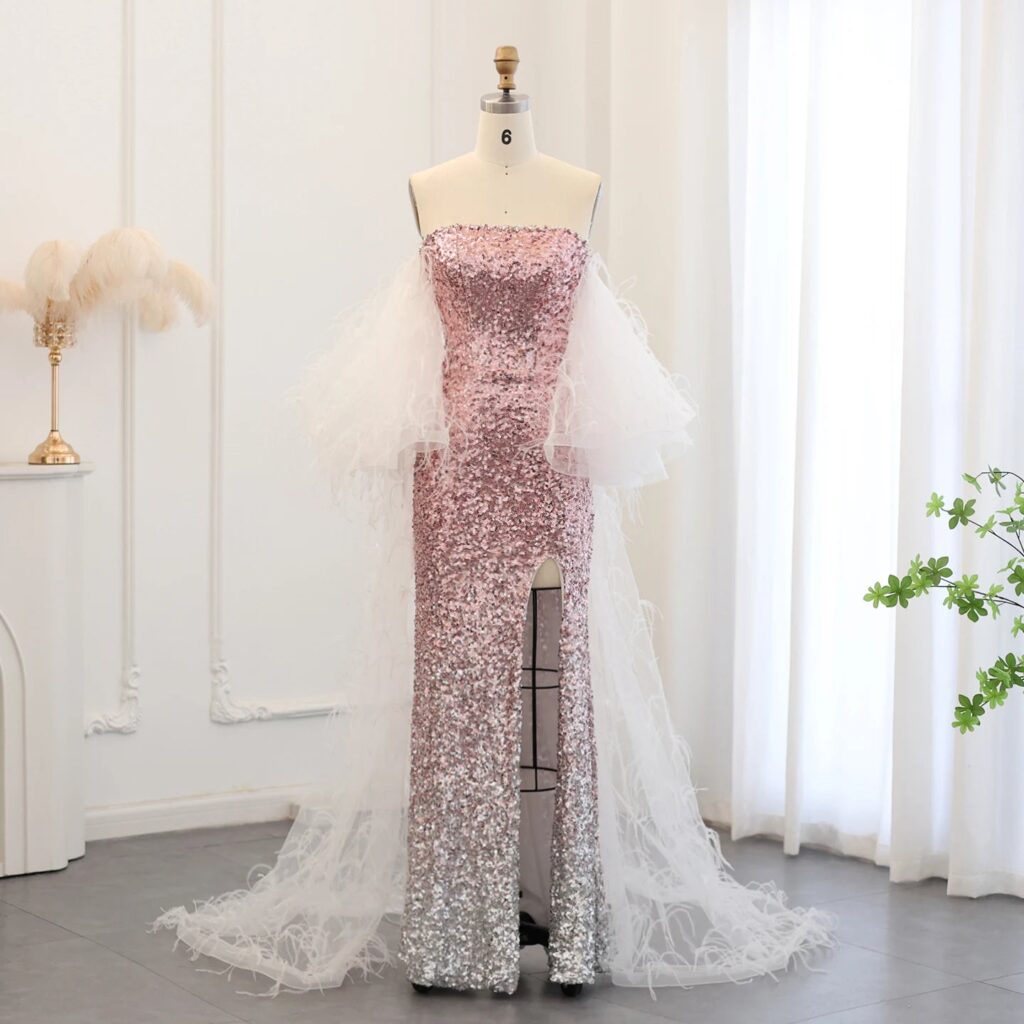 Luxury Ombre Pink Sequin Mermaid Evening Dresses with Feathers Cape Women Wedding Party Gowns
