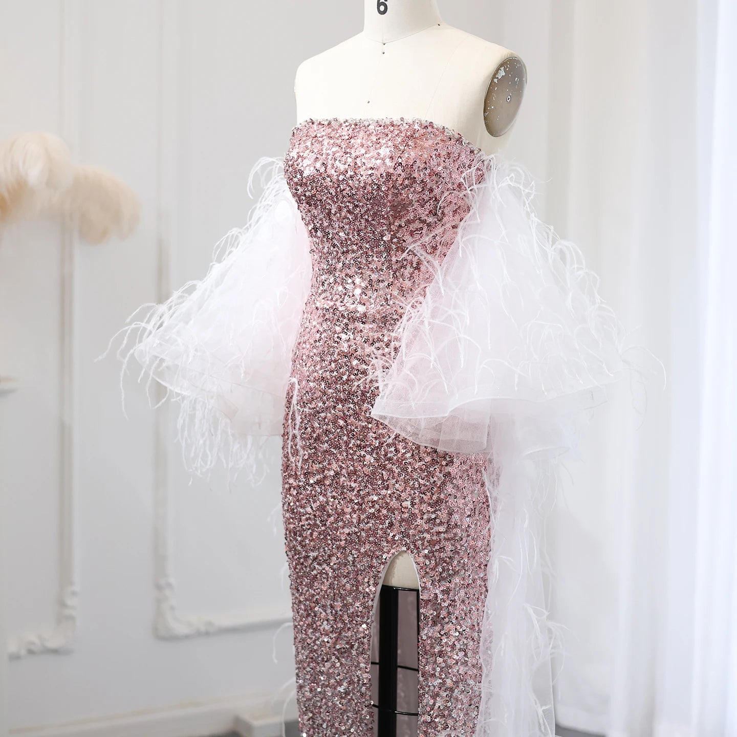 Luxury Ombre Pink Sequin Mermaid Evening Dresses with Feathers Cape Women Wedding Party Gowns - Image 4