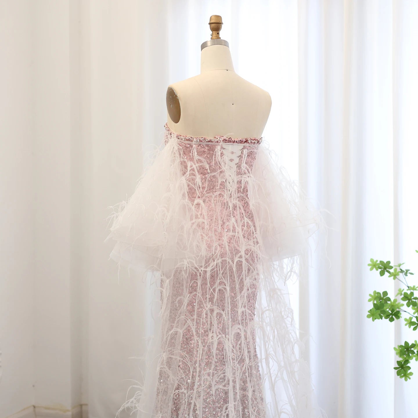 Luxury Ombre Pink Sequin Mermaid Evening Dresses with Feathers Cape Women Wedding Party Gowns - Image 6