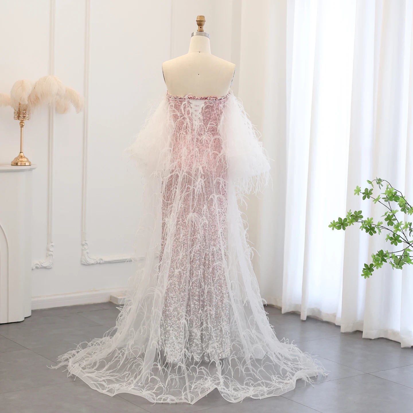 Luxury Ombre Pink Sequin Mermaid Evening Dresses with Feathers Cape Women Wedding Party Gowns - Image 5